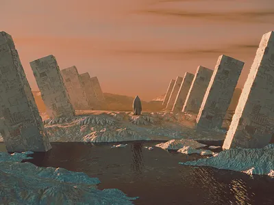 dust. 3d 3dart abstract cgi colorful dawn digitalart dreamy dusk fog geometry human illustration render rock scifi shapes sky space water