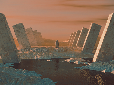 dust. 3d 3dart abstract cgi colorful dawn digitalart dreamy dusk fog geometry human illustration render rock scifi shapes sky space water