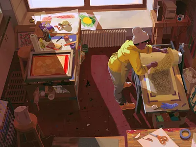 Printmaker character digital editorial folioart illustration interior printmaking rebecca mock studio turtle