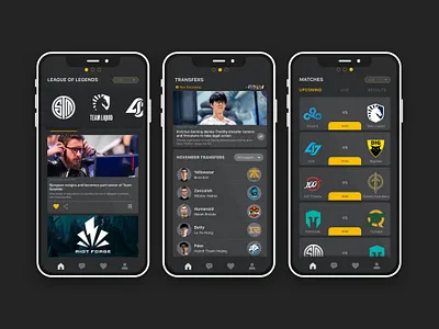 Esports Mobile App app app design application dark dark design dark ui esport game ui gaming leagueoflegends match results mobile ui