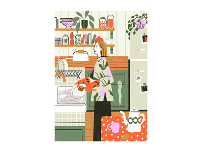 Washing the plates dishes fridge girl green illustration kitchen mint morning pink plates red sad tea toast washing washing the dishes woman