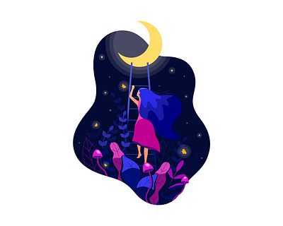 Moon woman adobe illustrator app design feminity flat flower girl graphic illustration moon moth mushroom night vector vector art woman