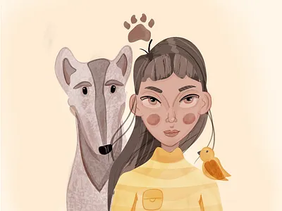 Be friendly🐶🧡 abstract character design characters colorful dog dog illustration friends friendship girl girl character girl illustration illustraion pastel paw pet vector yellow