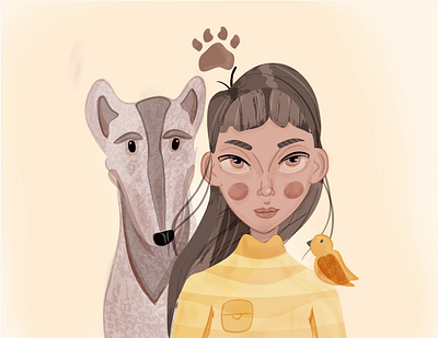 Be friendly🐶🧡 abstract character design characters colorful dog dog illustration friends friendship girl girl character girl illustration illustraion pastel paw pet vector yellow