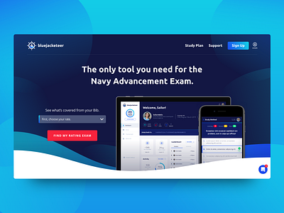 Bluejacketeer Marketing Site advancement exam exam prep hero lander marketing site navy navy blue prep sailor ship study ui ux ui design uidesign us navy usa wave web app web design