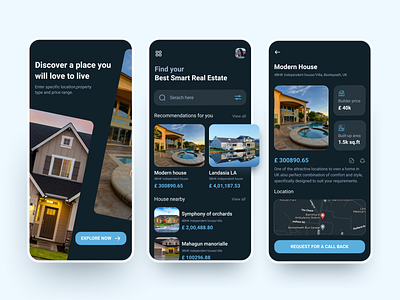 Real Estate Mobile App agency airbnb apartment app architect building clean dark design home landmark mobile property propertyapp realestate rent smarthome tenant ui ux