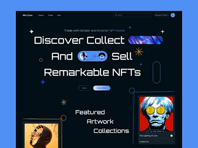 NFTs Artwork Marketplaces Landing Page 3d artwork blockchain buy sell cryptoart cryptocurrency dark mode dark theme landing page ethereum header landing page nft nfts nfts marketplace nfts website token uiux design unique design website design