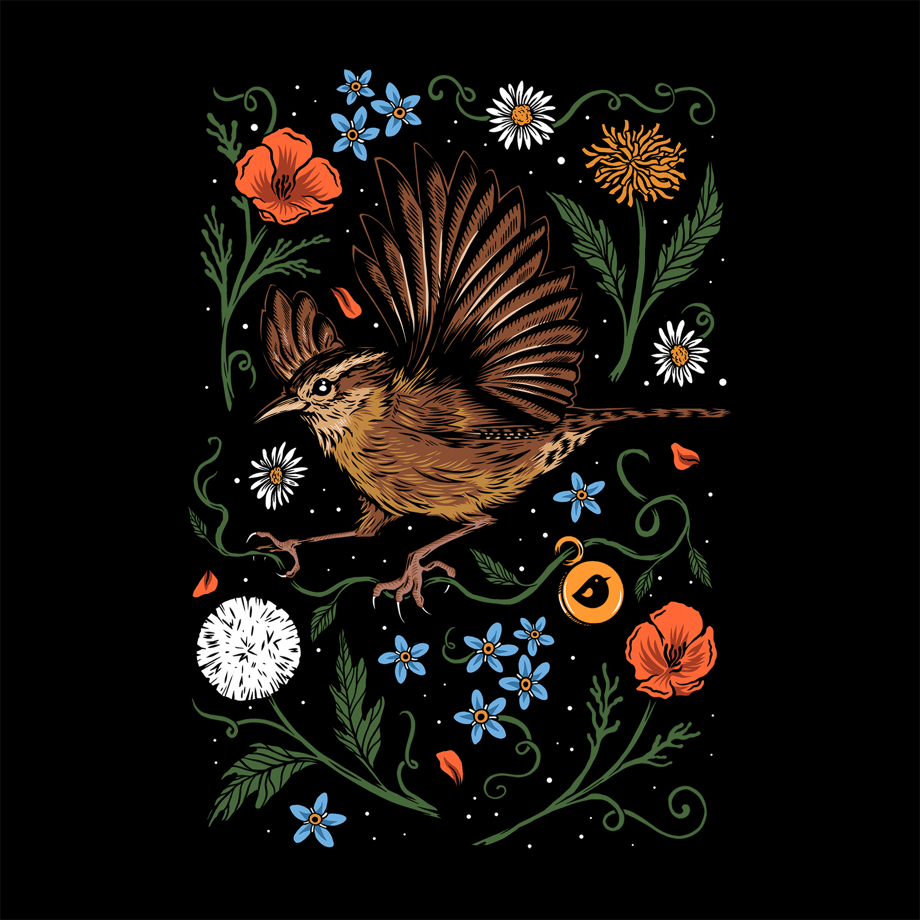 Wren art bird drawing eco floral flowers illustration nature wren
