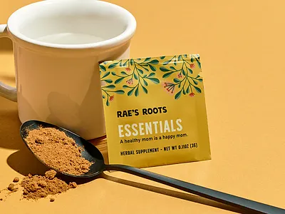 Packet Design for Rae's Roots badge brand branding floral herbal identity illustration logo mom packaging packet pattern powder supplement tab tea typography wellness