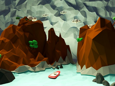 Magical place in the sky 3d blender boat climbing forest gradient greenlake illustration low poly modelling nature rafting