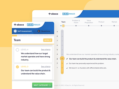 Abaca • Assessment app dashboard entrepreneurs entrepreneurship gamification investment list mobile first onboarding overview path product profile sign up sliders steps users web app webapp