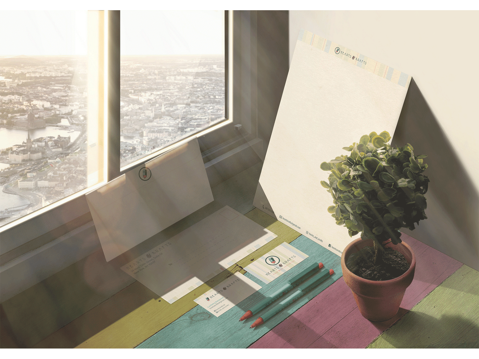 Hearts Stationery Comp business card mockup envelope mockup pen pens plant sunshine template tree window