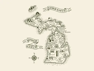 Lord of Michigan art print calligraphy compass great lakes hand drawn handlettering illustration isle royale lord of the rings map medieval michigan middle earth nature pine trees print rock t shirt design t shirt print vintage map