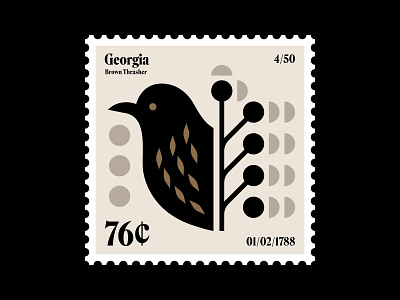 Georgia stamp updated berries bird branch brown thrasher feathers georgia icon illustration logo nature philately postage stamp southern stamp symbol the south thrasher