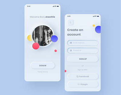 Sign in & Sign Up Neomorphism Design account app app design application blue clean clean design create account design log in mobile neomorphism sign in sign up simple skeumorph skeumorphism ui uiux ux