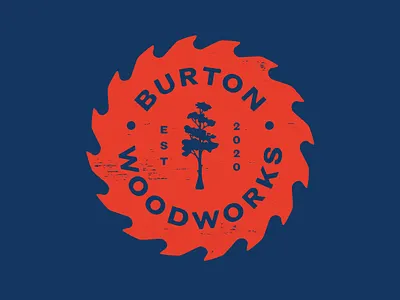 Burton Woodworks Logo badge blade burton cypress lockup logo saw texture tree typography vintage woodgrain woodworking woodworks