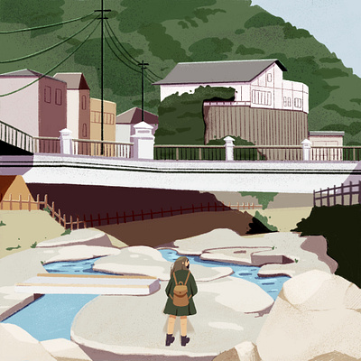 arima onsen, spa town in kobe, japan bridge character city environment exploration illustration japan nature onsen procreate sketch town water