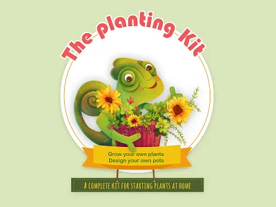 The Planting kit iguana illustration kit package design planting pot sunfloweers