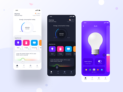 Household Energy Monitor : Prototype 2 (Design Assignment) app apple home ui kit apple music bulb dark light day night mode design energy heater humidity light neel prakhar sharma smart home switch knob design temperature ui ux design user interface weather