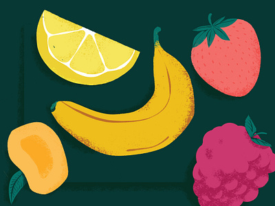 Fruit! banana fruit illustration lemon mango raspberries strawberry