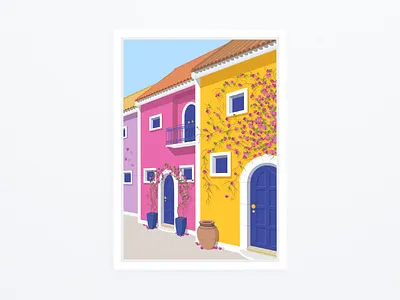 "Greek Village Street" - illustration artist colorful colors digital art digital painting graphic design greece houses illustration illustrator island print vector vector art village