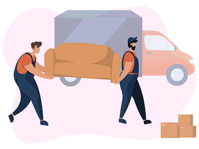 Moving home service art design carrying sofa illustration moving home moving service moving truck new house paper boxes two worker vector illustration webdesign