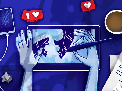 Article feature illustration - tablet use blue design flat graphic tablet photoshop social network vector illustration