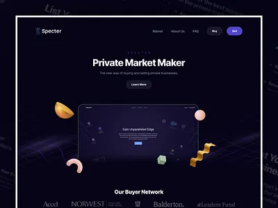 Specter Market 3d buy buyers dark interfaces dark mode data bank desktop header interaction design marketplace motion design parallax principle protopie sell seller technology ui design ux web design