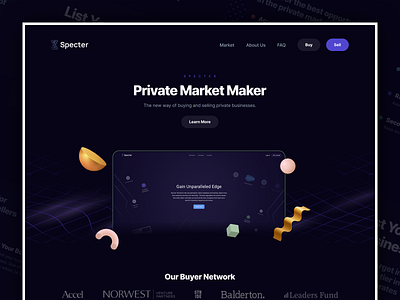 Specter Market 3d buy buyers dark interfaces dark mode data bank desktop header interaction design marketplace motion design parallax principle protopie sell seller technology ui design ux web design