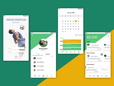 Soccer Club Mobile App branding calendar chat design figma gold green mobile app mobile app design simple clean interface soccer vector