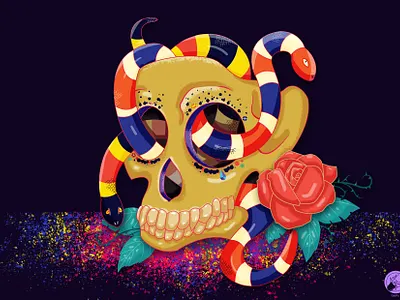 Skull with snakes 2d 2d art adobe ilustrator adobe photoshop art colorful design freelance freelancer gif illustration ilustration mexican rose skull snakes vector vivid colors