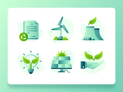 Green Energy Sustainability Icon 2 2d energy flatdesign green green energy icon icon set illustration leaf light bulb nuclear plant recycle solar sustainability ui ux vector web design wind turbine