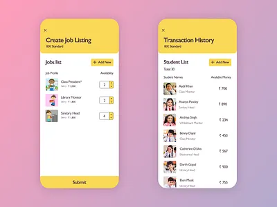 Classroom Economy - Teacher App bank budget card childrens app classroom classroom economy dashboard dashboard ui economy history job listing list students transactions uiux