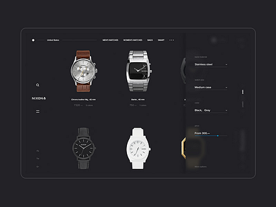 NIXON web site / Concept / Catalog app black concept dark fashion grid minimal mobile project shop steel ui ux watches white