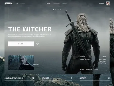 Netflix Redesign Concept animation dark desktop featured hbo ipad movie navigation netflix online redesign slide streaming transition tv tv show ui ux web witcher