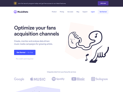 Musicdata landing page home 2020 trend agencies artist desktop illustration influencers landing design landing page media monitoring music music app music promotion musician startup marketing tastemakers