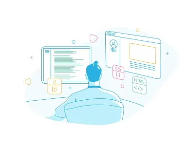 Front-End Development branding css flat front front end front end development html illustration illustrator js man mobile service ui vector