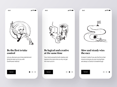 Minimal Onboarding Screens app design blackandwhite launch screen minimal design minimalism minimalistic mobile app mobile app design onboarding onboarding screen design simple steps ui design ui trends ux design