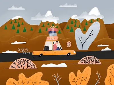 One-way trip car cartoon children illustration illustration illustration art luggage mountains nature roadtrip snow trip winter