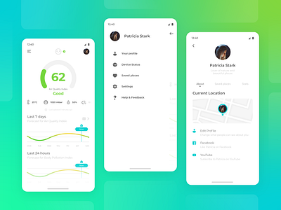 Air Quality Monitoring App air app app design aqi clean flat graph index map menu minimal design minimalist mobile navigation menu profile quality ui ui design ux