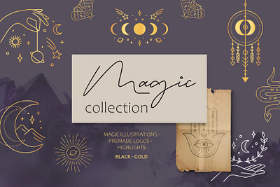 Magic collection astrology branding gold hand drawn icon illustration logo magic illustrations magic signs magical minimal mystery machine template vector