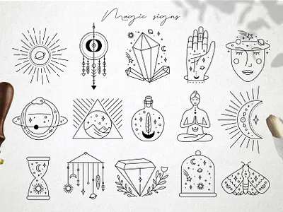 Magic signs astrology hand drawn icon illustration logo magic minimal mystery template vector web