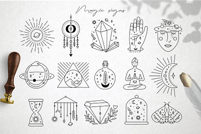 Magic signs astrology hand drawn icon illustration logo magic minimal mystery template vector web