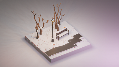 Winter in the park 3d bench blender blender3d blender3dart cute design illustration isometric isometric art isometric design isometric illustration lamp low poly lowpoly lowpolyart park snow trees winter
