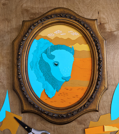 Teal cut paper bison animal animals art artwork bison buffalo cut paper nature nature illustration paper paper art papercraft
