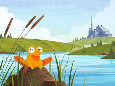 Frog 2d illustration animal animal art character character design factory fireart fireart studio flat frog illustration landscape river skyline