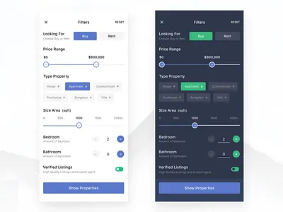 Filter - Property clean ui dark mode dark ui design ui ui ux ui desgin ui design