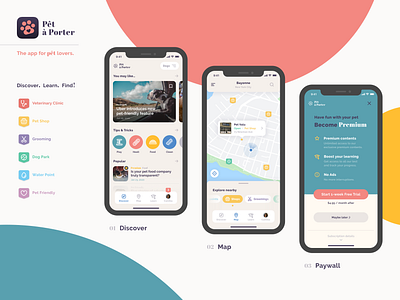 Pêt à Porter - App concept 2020 animals app app design contest designflows discover fail icon app icon design logo logodesign maps paw paywall pet sketch ui design
