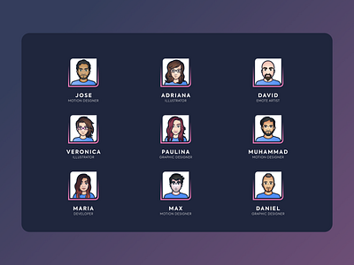 Website Team Page avatar icons avatars blue dashboard design gradient our team pink purple team team page teampage teams ui ux web ui webdesign website website design website designer