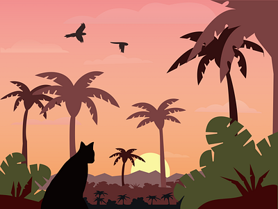 Cat on Sunset art birds cat design flat illustration jungle mountains palms sunrise sunset vector wild wild animal открытка